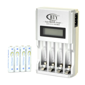 BTY N-903 1.4" LCD Intelligent AA / AAA Ni-MH / Ni-Cd Battery Charger w/ 4 x AAA 900mAh Batteries