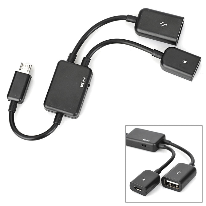 Micro USB M to USB F + Micro USB F OTG Data Cable - Black (18cm)