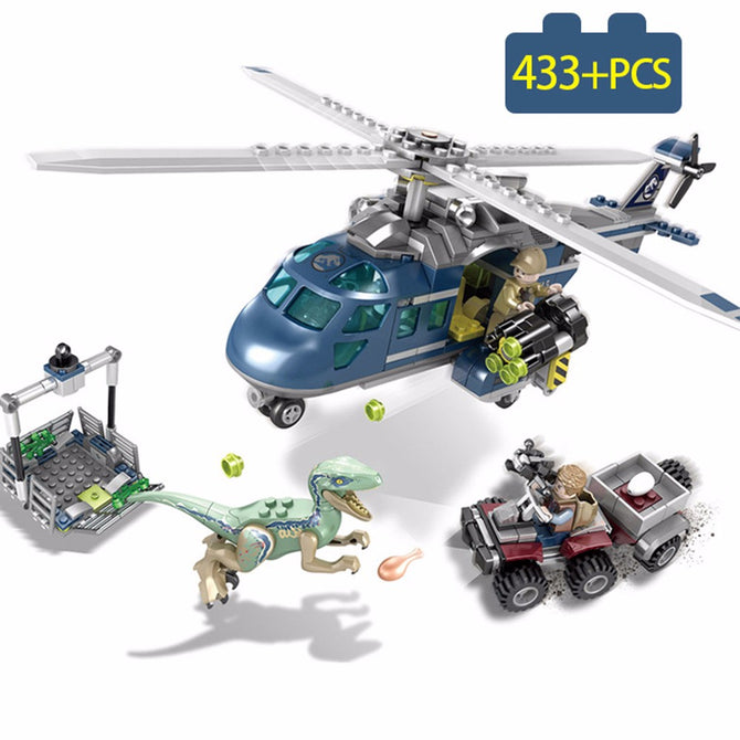 Jurassic World Park 2 Dinosaur Velociraptor Blue Helicopter Pursuit Building Blocks Set Bricks Toy, Compatible With Lego Multicolor