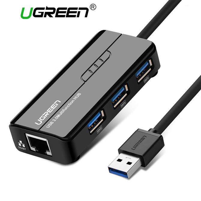 Ugreen USB Ethernet USB 3.0 3-Port To RJ45 HUB For Xiaomi Mi Box 3 Android TV Set-top Box Ethernet Adapter Network Card Black