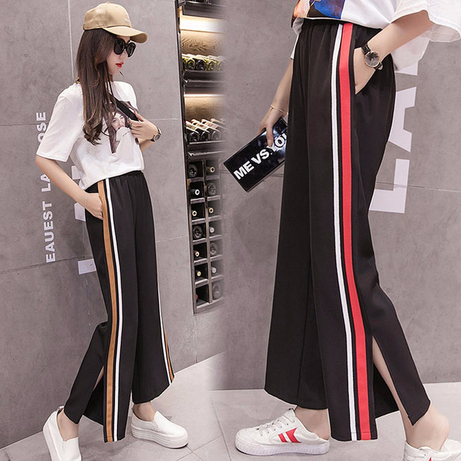 Side Split Stripe Wide-Legged Pants, Summer Leisure Thin Elastic Nine Points Straight Pants, Loose Horn Pant For Lady Yellow/XL
