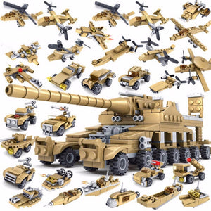 16IN1 WW2 German Classic Military Tank Dora Gun Heavy Gustav Gun Tank Fighter Model Building Blocks Bricks Toys For Kids Dark Khaki