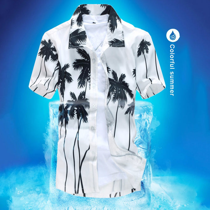 Summer Hawaiian Men\'s Hawaii Beach Shirt Chemise Homme Coconut Palm Prints Loose Casual Short Sleeve Shirts White/M