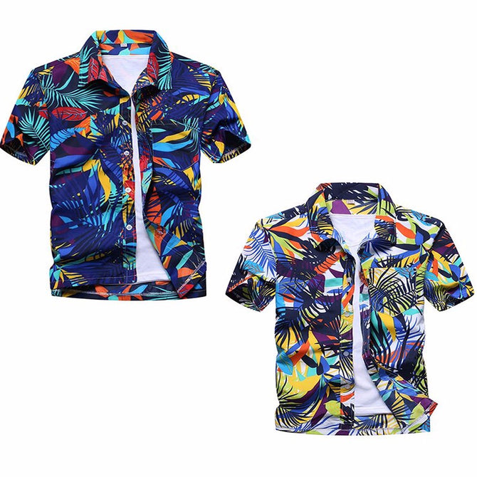 Summer Fashion Leaves Printing Loose Shirt, Casual Quick Dry Short Sleeve Men\'s Shirt, Beach Tops Clothes Clothing Multi/M